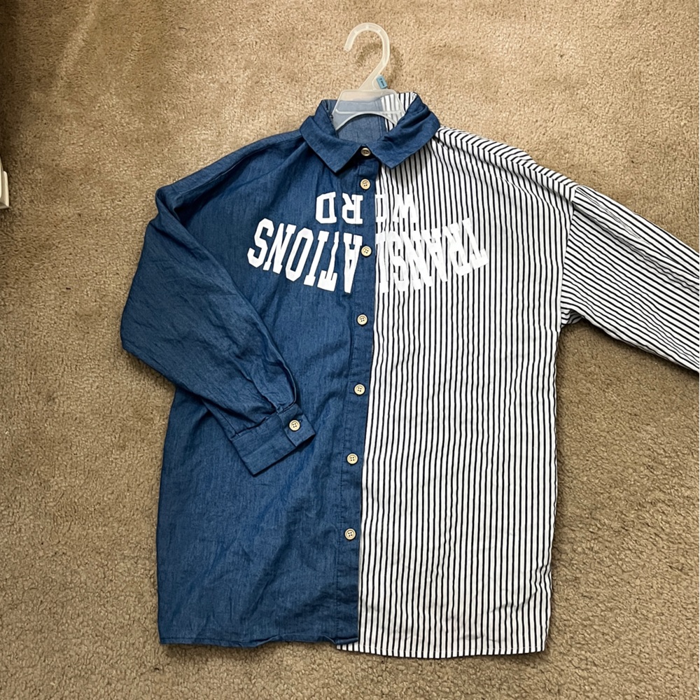 Lettered Half Solid Half Striped Button Down Shirt - Picture 2 of 3